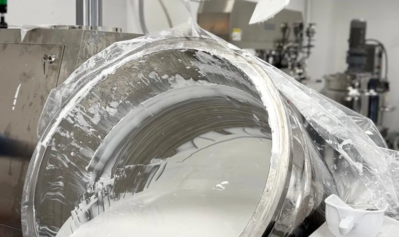 Una crema, dopo essere stata miscelata, viene travasata in un altro contenitore,